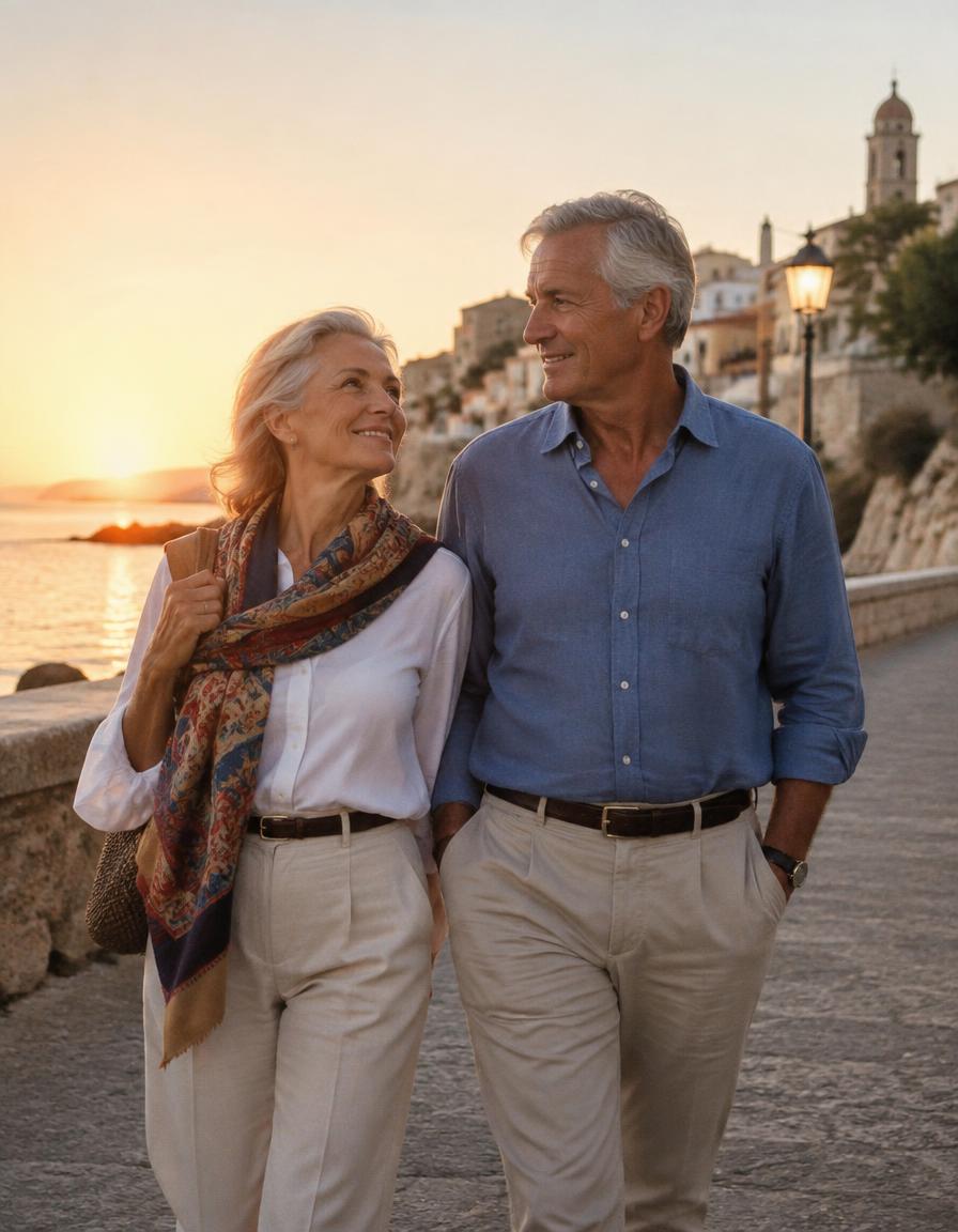 A retired couple walking by the sea at sunset
