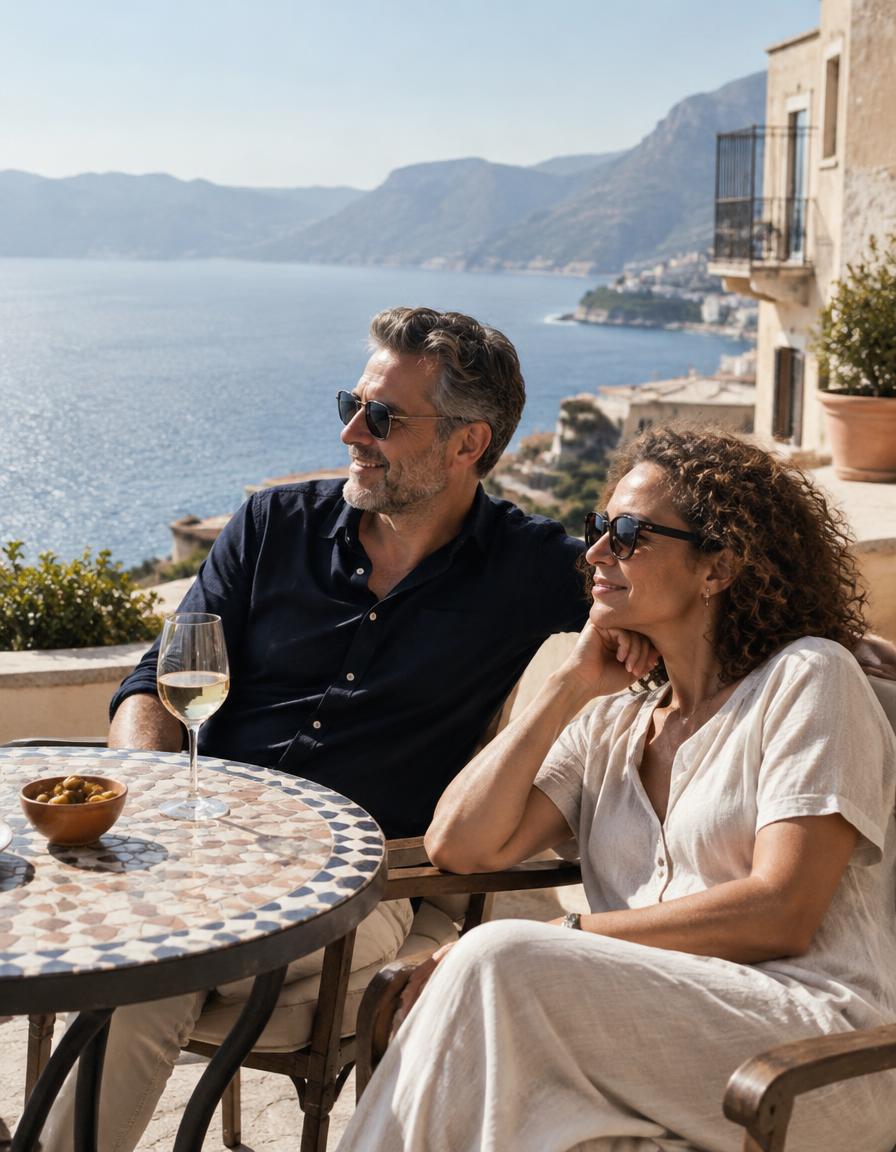 A middle-aged couple on holiday on a seaside terrace